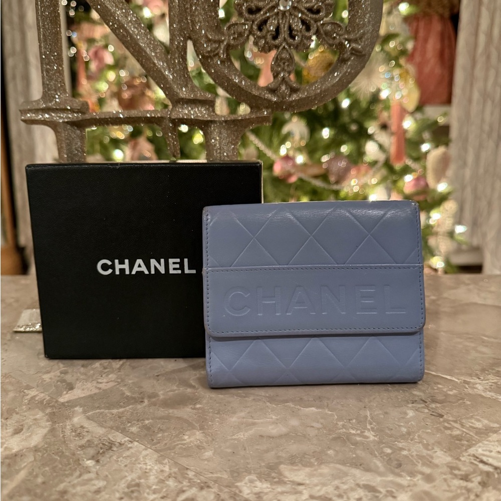 CHANEL Light Blue Quilted Logo Compact Wallet